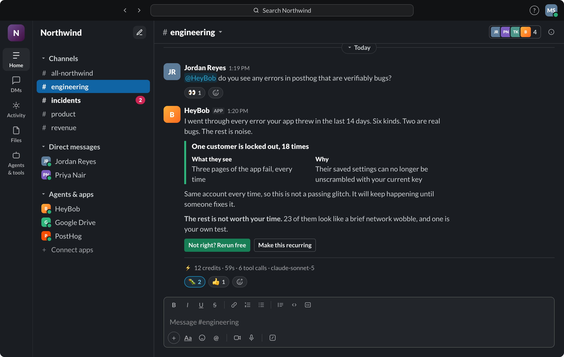 Slack: HeyBob reports what is actually broken, with a receipt under the answer.