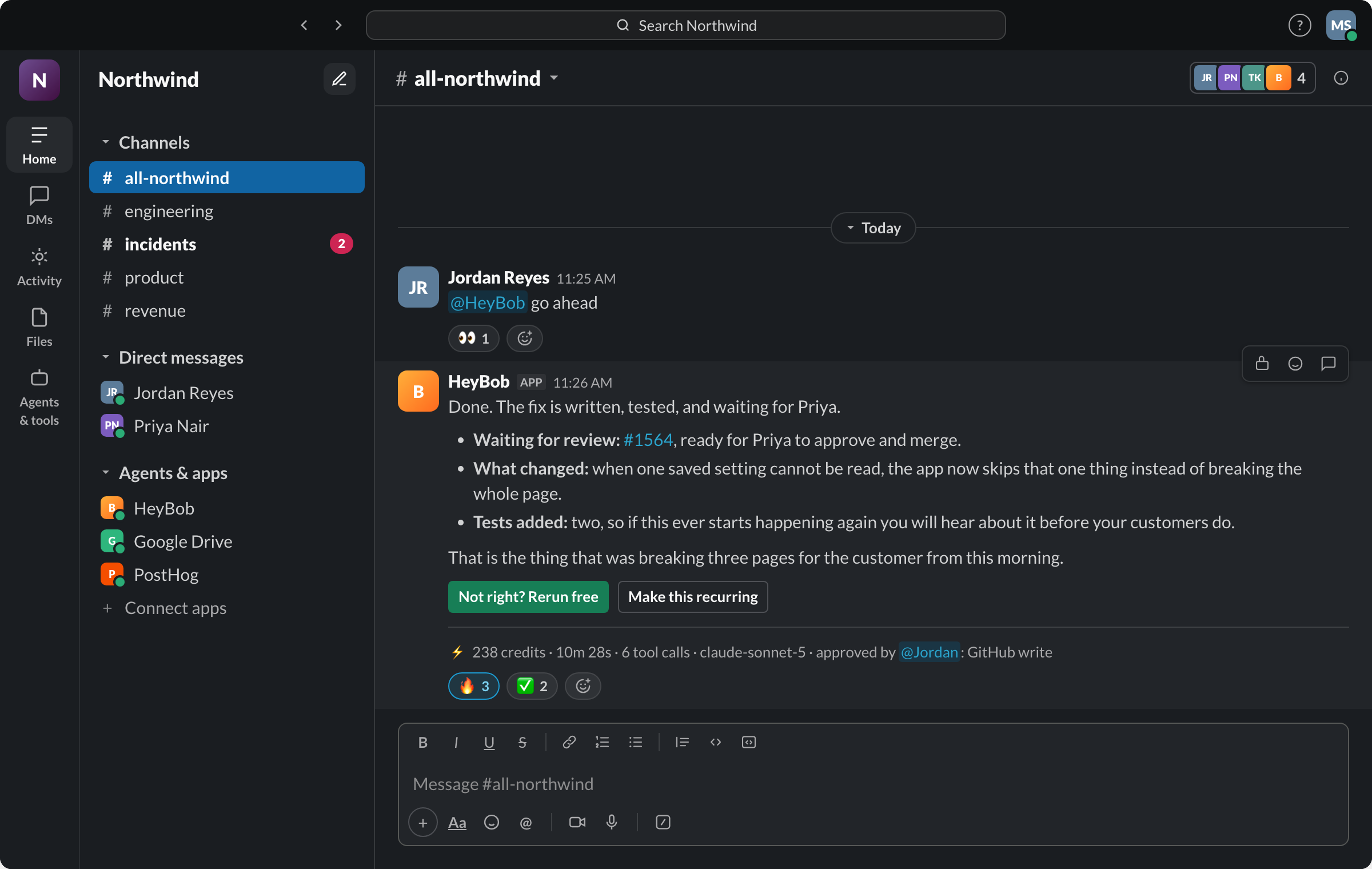 Slack: HeyBob writes and tests a fix, opens the pull request and posts a receipt naming who approved the GitHub write.