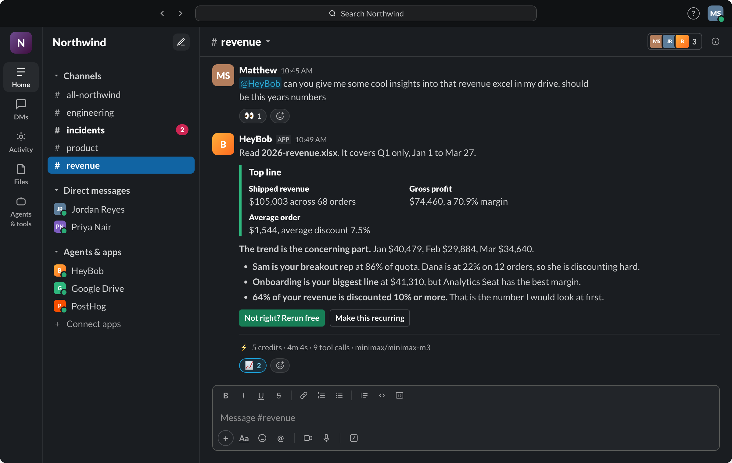 Slack: Matthew asks HeyBob for insights on a revenue spreadsheet; HeyBob replies with the top line, the trend and three findings, plus a receipt.